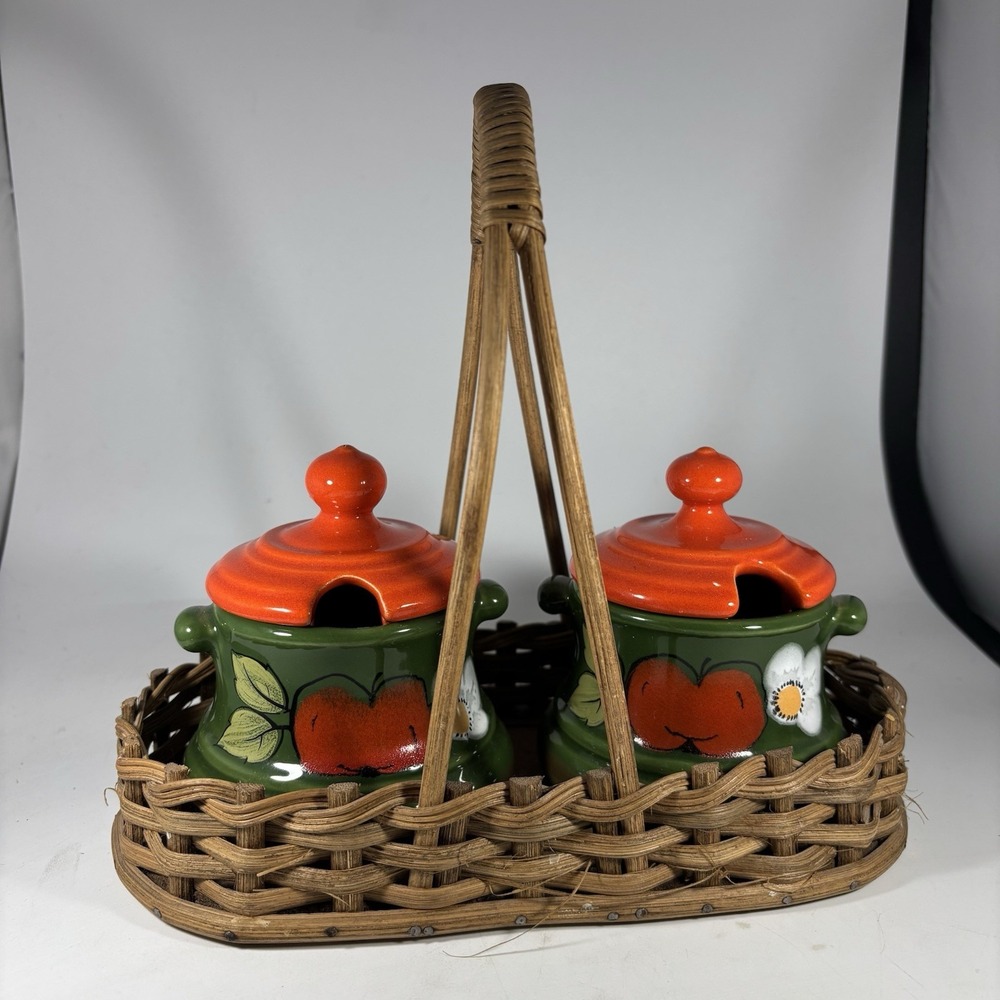 Vintage Keramik Zeller "Eden " Pottery Green Pattern Pickle Jar Set W/Basket 70s